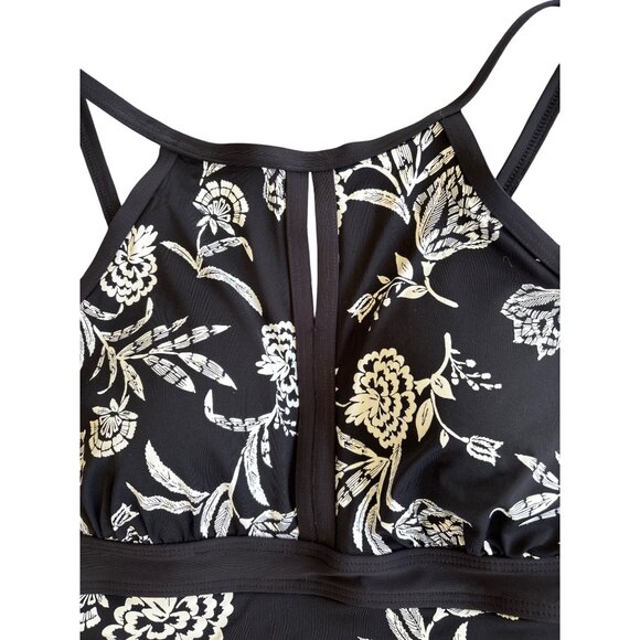 Lands' End One Piece Maillot Black White Floral‎ Size 14 Shelf Bra Adj Straps - Picture 3 of 11